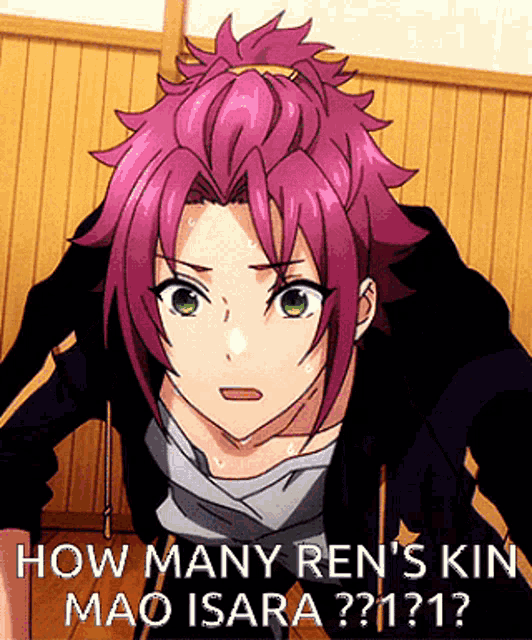 a picture of a person with pink hair and green eyes asking how many ren 's kin mao isara