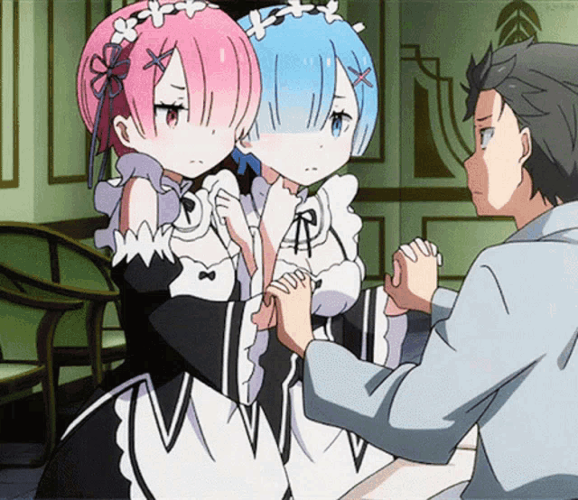 a couple of anime girls holding hands with a man in the background