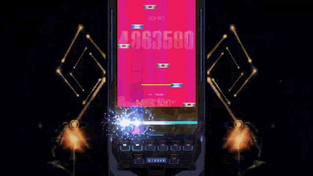 a video game is being played on a cell phone with a purple screen