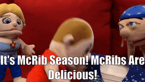 three stuffed animals are sitting on a red couch with the caption " it 's mcrib season ! mcribs are delicious "