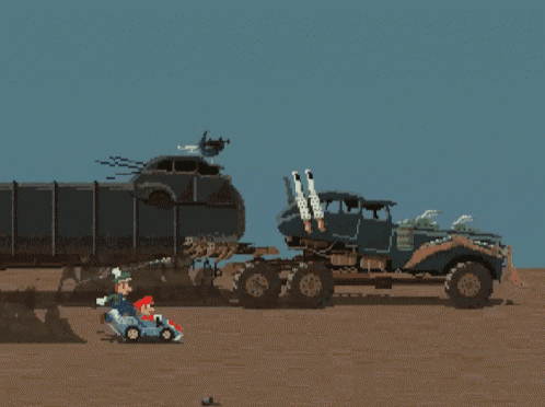 a pixel art of mario and luigi driving a truck in the desert