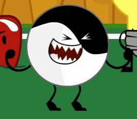 a cartoon character with a black and white ball on its head