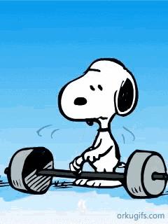 a cartoon of snoopy lifting a barbell with the website orkugifs.com in the bottom right corner