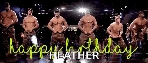 a group of men are standing on a stage with the words happy birthday heather written in green