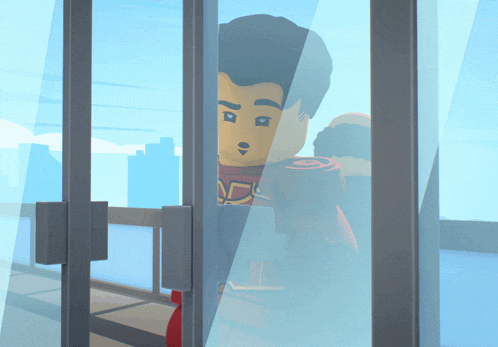 a cartoon character behind a glass door with the letter n on his chest