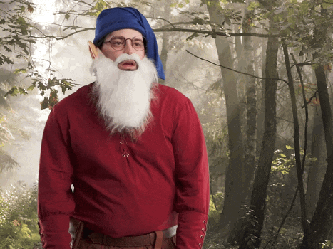 a man dressed as a gnome with a white beard and glasses