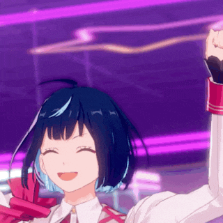 a girl with short blue hair is holding a microphone in her hand and smiling .