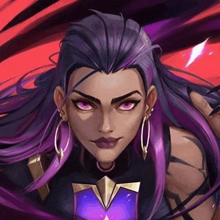 a close up of a woman with purple hair and purple eyes .