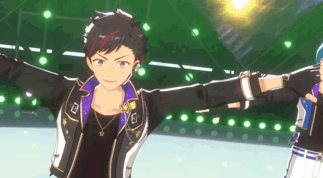 a man in a black jacket with a purple collar is standing on a stage with his arms outstretched
