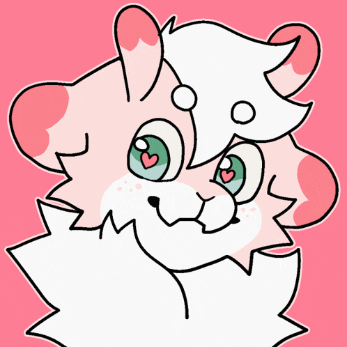a drawing of a pink and white animal with green eyes