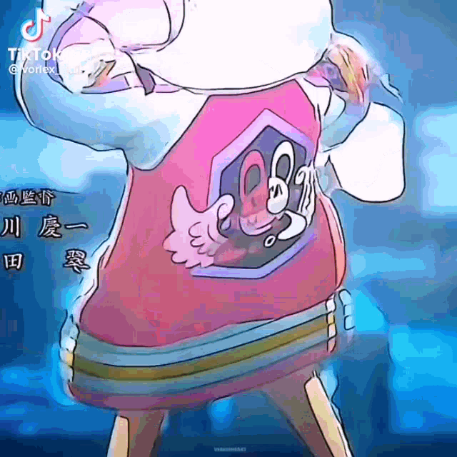 a cartoon character is wearing a pink shirt with the number 8 on it