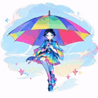 a girl with a rainbow colored umbrella is walking on a red carpet
