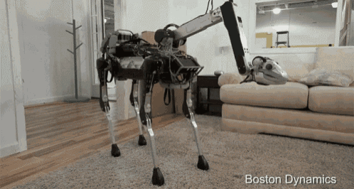 a boston dynamics robot is walking around a living room