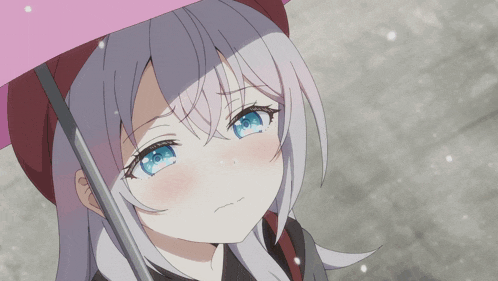 a girl with gray hair and blue eyes is wearing a pink umbrella
