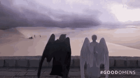 a couple of angels standing next to each other in front of a desert landscape .