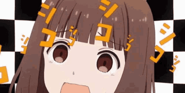 a close up of a girl with a surprised look on her face and a checkered background .
