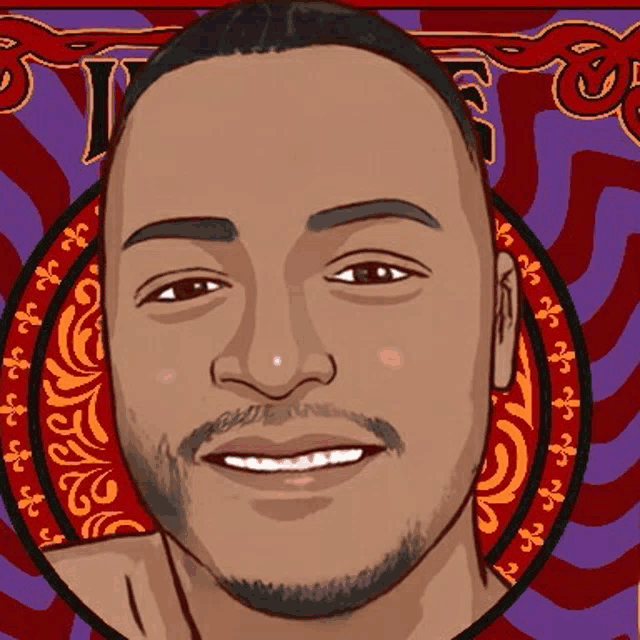 a man with a beard is smiling in front of a purple and red background with the letter t on it