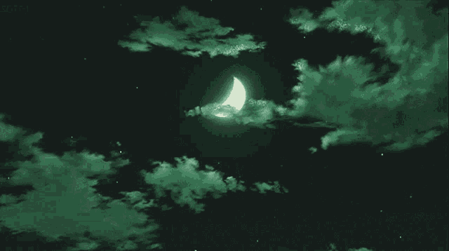 a crescent moon is surrounded by green clouds in a dark sky