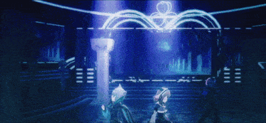 a group of people standing in front of a stage with a crown on it