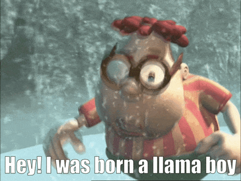 a cartoon character with the words hey i was born a llama boy on the bottom