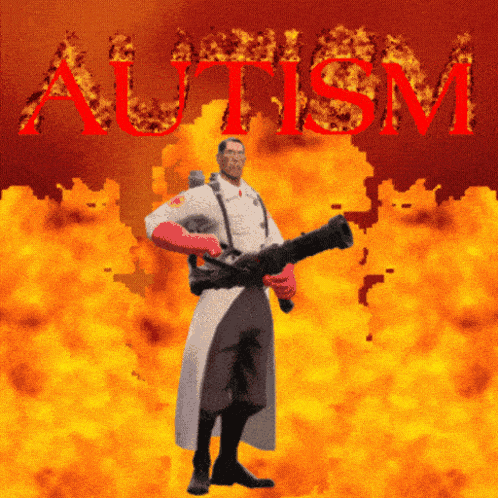 a man holding a gun with the word autism written in red
