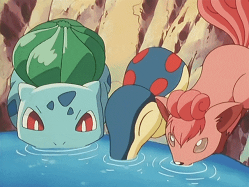 a pink squirrel and a green turtle are drinking water from a pool