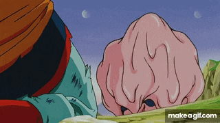 a cartoon of a person standing next to a large pink object .