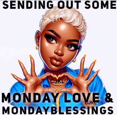 a cartoon of a woman making a heart with her hands and the words monday love and monday blessings