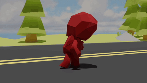 a low poly character with a red hood is walking down the road