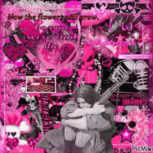 a picture of a girl holding a gun with the words now the flowers will grow on it
