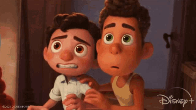 a couple of cartoon boys are standing next to each other with a disney logo behind them