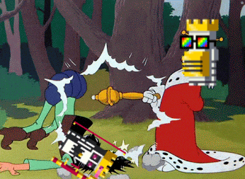 a cartoon of a king holding a crown and a robot with a crown on his head