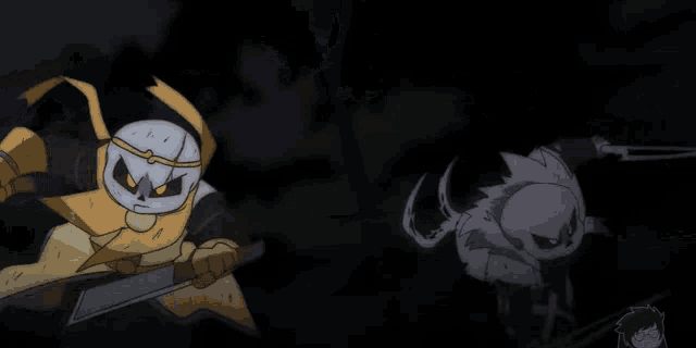 a cartoon character is holding a sword in his hands