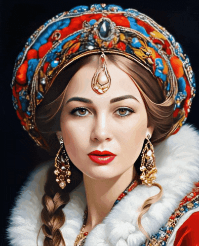 a painting of a woman wearing a crown and a fur coat