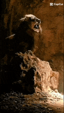 a lion is standing on a rock with its mouth open and the caption capcut