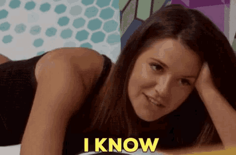 a woman laying on her stomach with the words " i know " in yellow