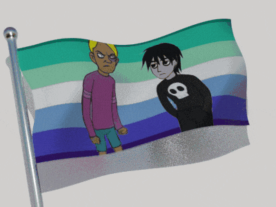 a cartoon flag with two boys on it