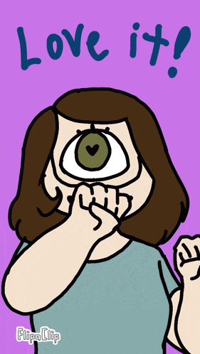 a cartoon of a girl with one eye and the words love it written on the bottom