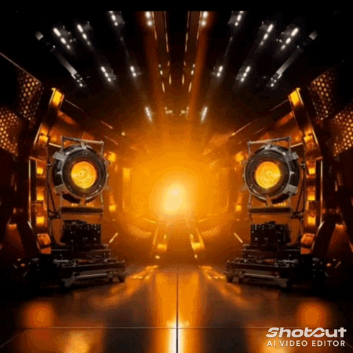 two spotlights are in a dark room with a glowing light coming out of the ceiling .