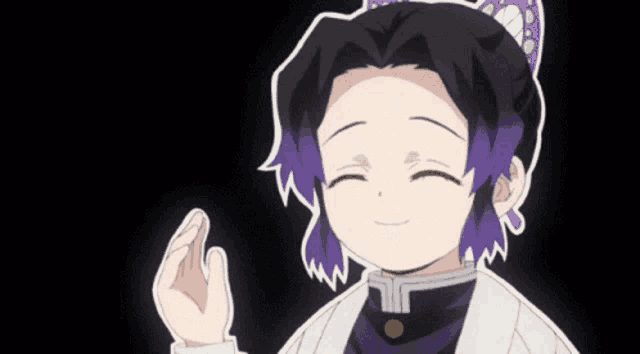 a girl with purple hair is smiling and making a peace sign with her hand