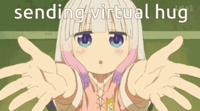 a girl with white hair and pink highlights is sending a virtual hug