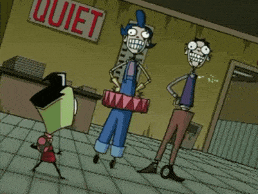 a cartoon character is dancing in front of a quiet sign