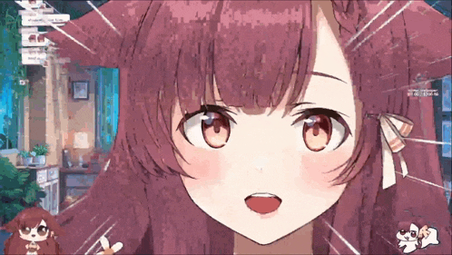 a close up of a girl 's face in a room with a dog behind her