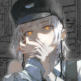 a girl with white hair and yellow eyes is wearing a hat and covering her mouth with her hands .