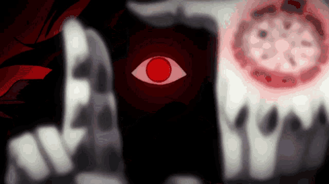 a drawing of a person with a red eye and a circle in the background