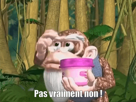 a cartoon monkey is holding a pink cup of ice cream and saying `` pas vraiment non ! ''