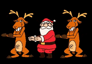 a cartoon of three reindeer dancing with santa