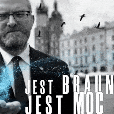 a man in a suit and tie is surrounded by birds and the words jest braun jest moc are visible