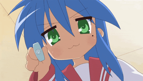 a cartoon girl with blue hair and green eyes is holding a cell phone