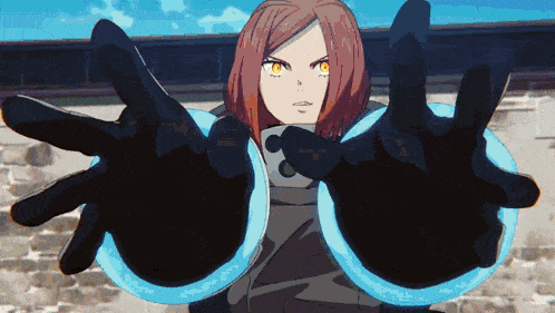 a girl with red hair and yellow eyes is holding a ring in her hands